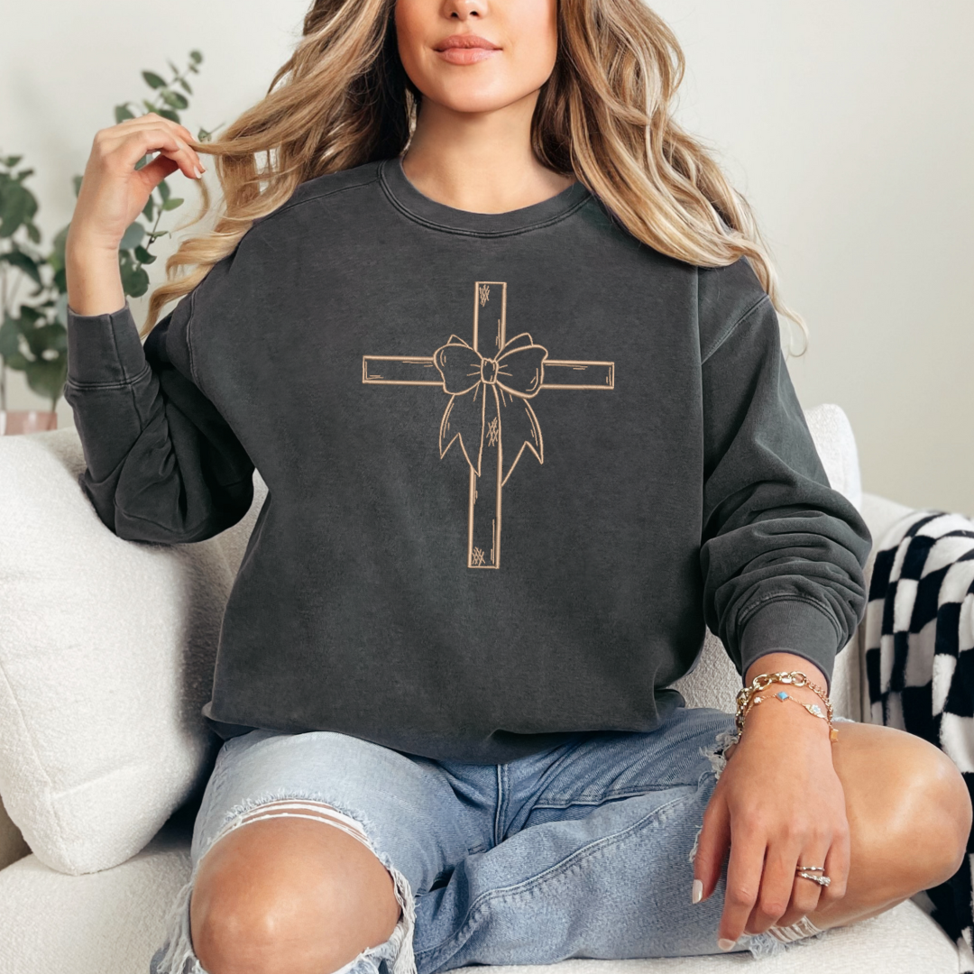 Coquette Cross Embroidered Comfort Colors Crewneck Pullover