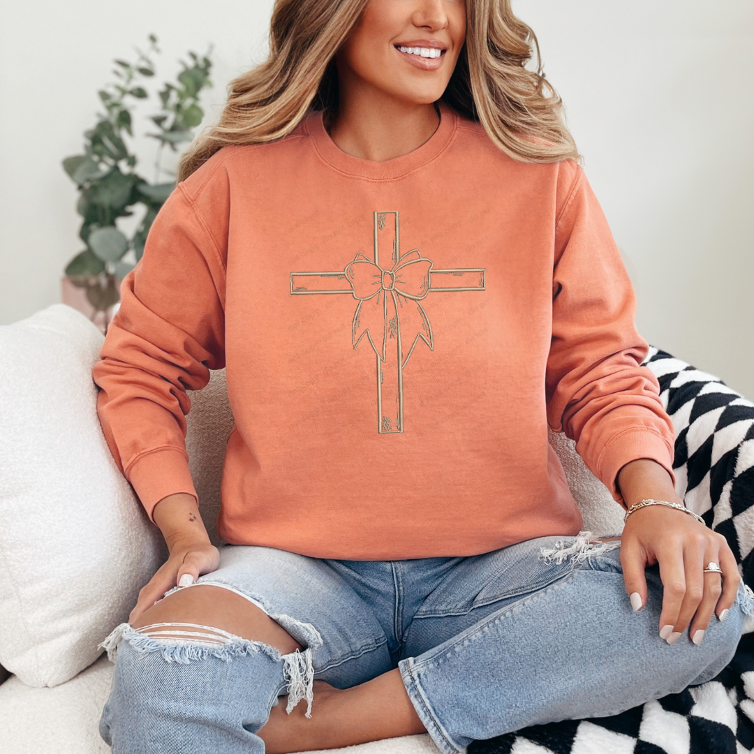 Coquette Cross Embroidered Comfort Colors Crewneck Pullover
