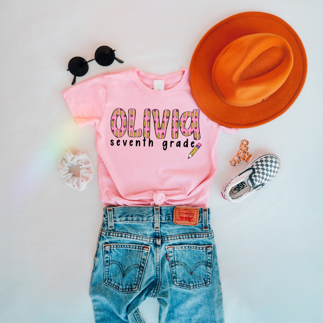 Personalized Pencil Letters Back To School Comfort Colors Graphic Tee
