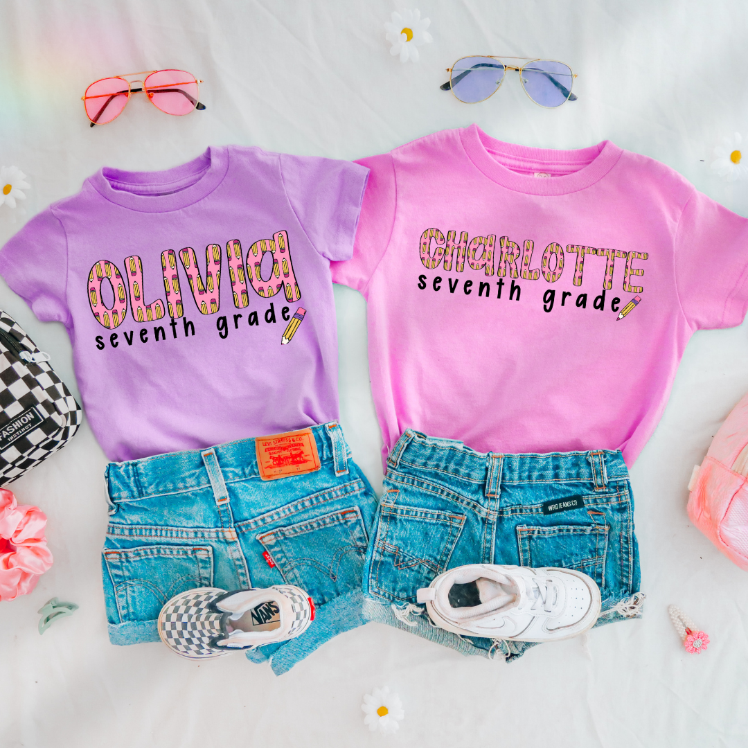 Personalized Pencil Letters Back To School Comfort Colors Graphic Tee